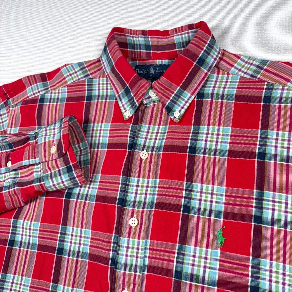 Ralph Lauren Blake Oversized Shirt Mens Size L Red Blue Plaid Cotton Long Sleeve